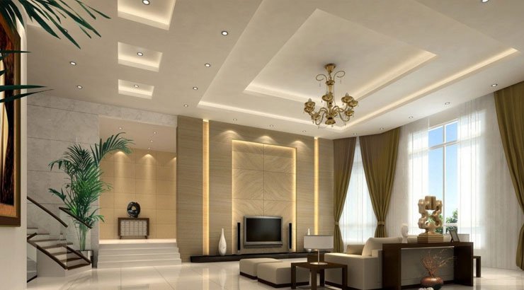 Modern gypsum ceiling with recessed lighting in a Ugandan living room